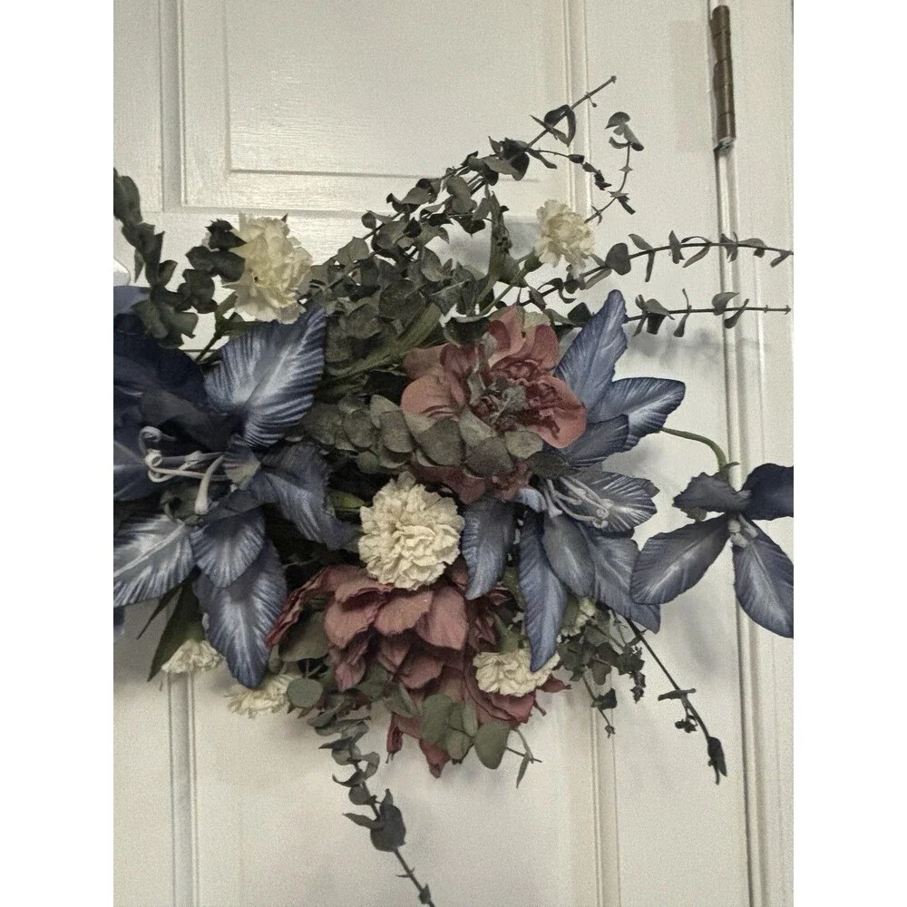 Vintage Dusty Rose, Blue, Cream Eucalyptus Floral Swag Archway Country Chic